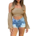 thumbnail image 1 of Women's Off Shoulder Short Tops, Long Sleeve Solid Color Ruched Crop Tops, Slim Fit Navel Tee Tops, 1 of 9