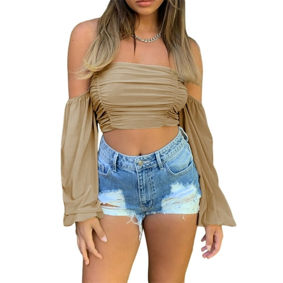 Women's Off Shoulder Short Tops, Long Sleeve Solid Color Ruched Crop Tops, Slim Fit Navel Tee Tops