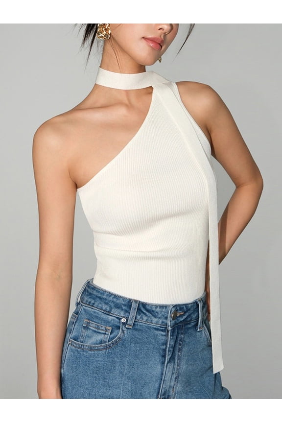 Women’s Off-Shoulder Sleeveless Knit Top – 100% Viscose, Solid Color Summer Tank with Ribbon Detail, Elegant Strapless Vest Style
