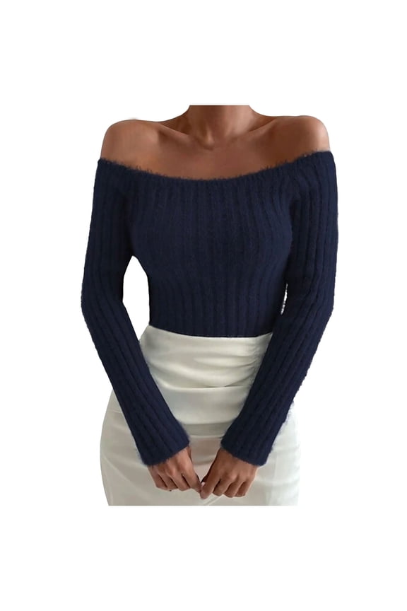 Women's Off Shoulder Slim Fit Knit Sweater Stylish Versatile Fall Spring Pullover Top Soft Comfortable Casual