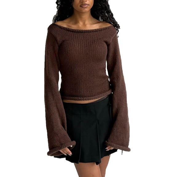 Women's Off-Shoulder Solid Color Slim-Fit Sweater 2025 Trendy Bell Sleeve Ribbed Knit Fabric Elegant Casual Daily & Date Wear Top