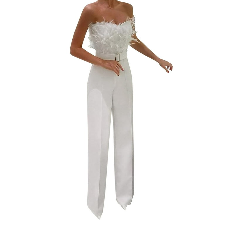 Women s Off Shoulder Solid Color Strapless Jumpsuit Elegant Straight Wide Leg Long Pants Formal Party Romper with Belt