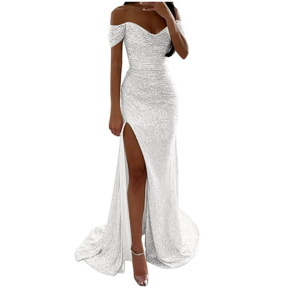 Women's Off Shoulder Sparkly Mermaid Prom Dresses with Slit, 2024 Long Sequin Formal Evening Gowns Wedding Guest Maxi Dress with Train
