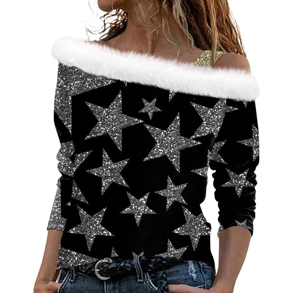 Women's Off-Shoulder Star Print Top Stylish Casual Long Sleeve Blouse with Furry Trim, Perfect for Parties