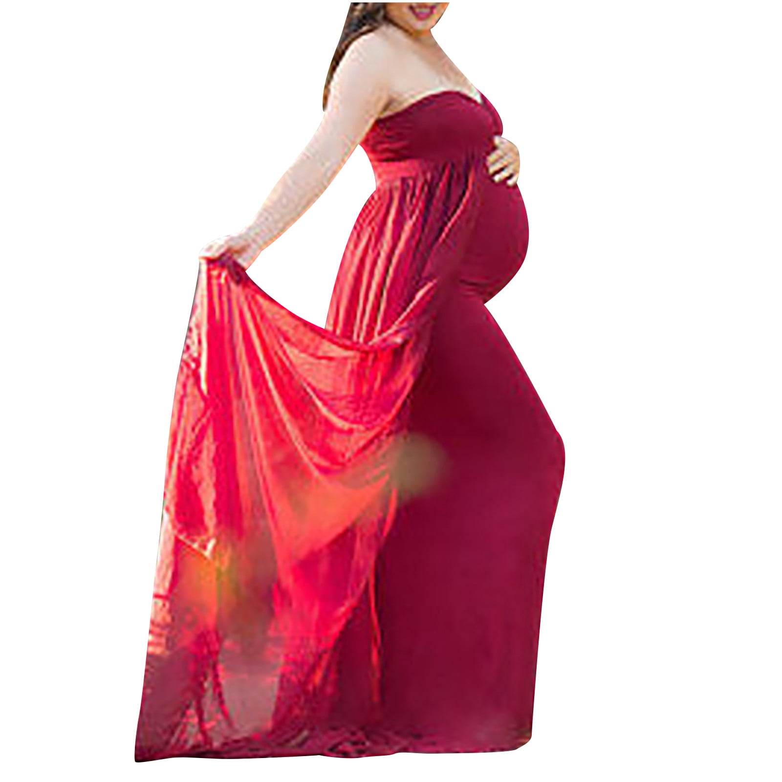 Women's Off Shoulder Strapless Maternity Dress for Photography Split Front Chiffon Gown for