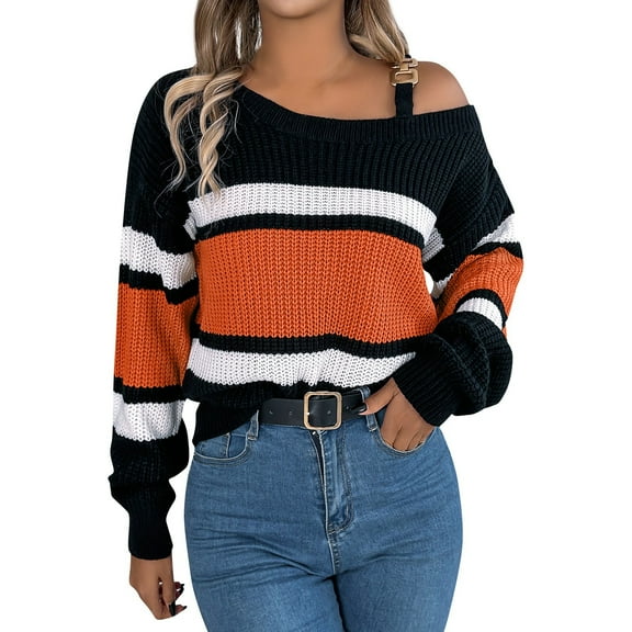Women's Off Shoulder Striped Knit Sweater Casual Loose Fit Long Sleeve Pullover Top for Fall and Winter