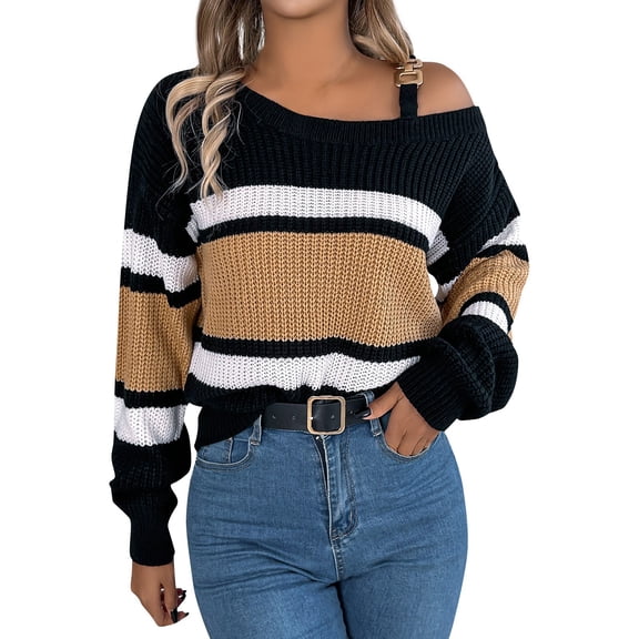 Women's Off Shoulder Striped Knit Sweater Casual Loose Fit Long Sleeve Pullover Top for Fall and Winter
