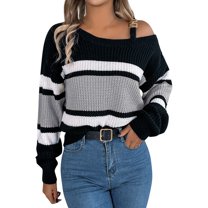 Women's Off Shoulder Striped Knit Sweater Casual Loose Fit Long Sleeve Pullover Top for Fall and Winter