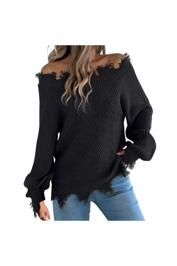 Women's Off Shoulder Sweater Batwing Sleeve Loose Knit Pullover Top Oversized Casual Jumper Black M