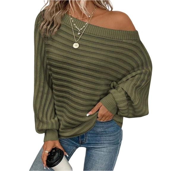 Women's Off Shoulder Sweater Batwing Sleeve Textured Knit Fall Fashion Tops(Army Green, M)