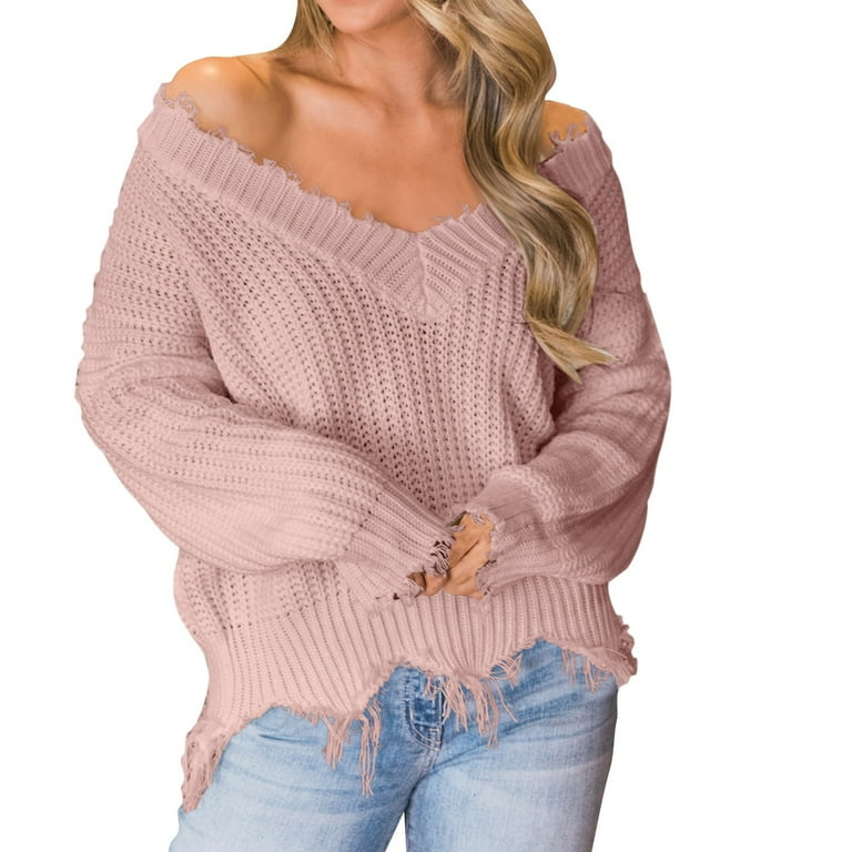 Women s Off Shoulder Sweater Casual Loose Knit Pullover Distressed V Neck Long Sleeve Jumper Top Walmart