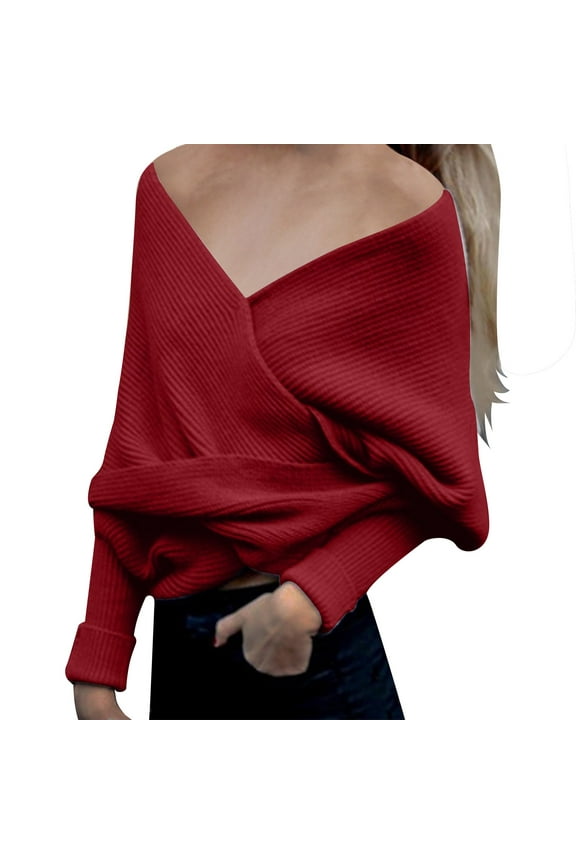Women's Off Shoulder Sweater Long Sleeve V-Neck Cross Wrap Pullover Tops Loose Asymmetric Hem Knit Jumper