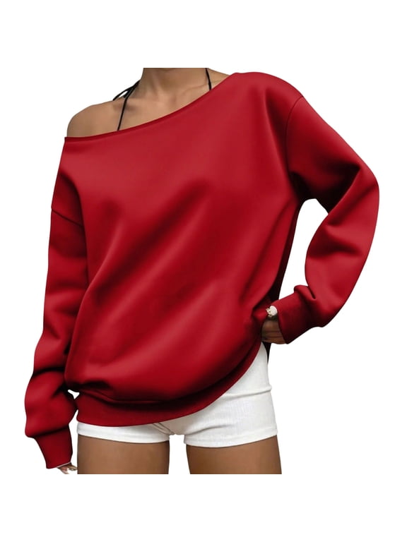 Women's Off Shoulder Sweatshirt Boat Neck Long Sleeve Pullover Daily Travel boat neckline Long Sleeve Loose Pullover Drop Shoulder Casual Tops