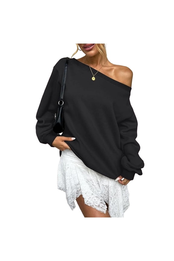 Women's Off Shoulder Sweatshirt Drop Shoulder Oversized Long Sleeve Pullover Top Black S