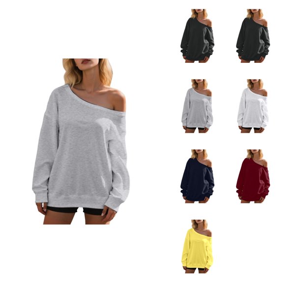 Women's Off-Shoulder Sweatshirt, Long Sleeve Oversized Pullover Top, Soft Stretchy Pure Color Casual Fashion Top for Spring Fall Winter, Trendy Y2K Style Loose Fit Daily Wear