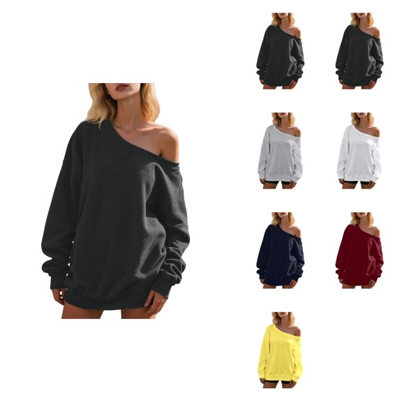 Women's Off-Shoulder Sweatshirt, Long Sleeve Oversized Pullover Top, Soft Stretchy Pure Color Casual Fashion Top for Spring Fall Winter, Trendy Y2K Style Loose Fit Daily Wear