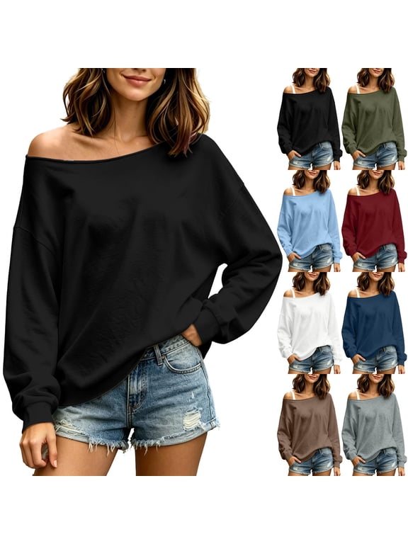 Women's Off Shoulder Sweatshirt Long Sleeve Pullover Tops,Drop Shoulder,Lightweight Loose Fall Winter Daily Casual Wear,Black,XL