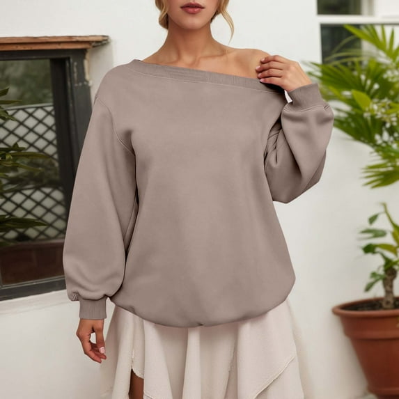 Women's Off Shoulder Sweatshirts Casual Fashion Spring Tops Solid Color Long Sleeve Boat Neck Fall Y2K Pullover Sweater