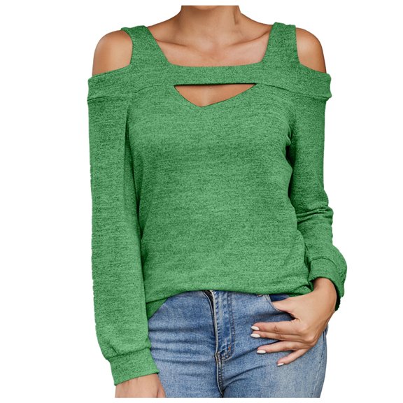 Women's Off Shoulder T-Shirt Hollow Out Round Neck Long Sleeve Casual Blouse Solid Color Fashion Top Comfortable Fit