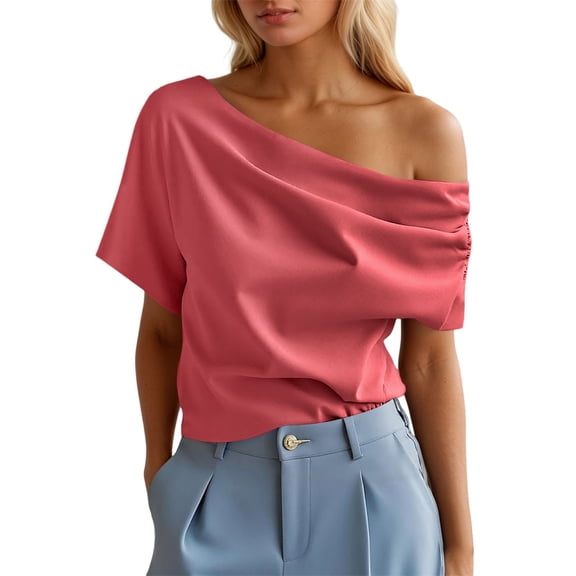 Women's Off Shoulder T-Shirts Ruched Casual Basic Tees Versatile Summer Blouses Trendy Asymmetrical Top Summer Women Shirts Casual Tunic Tops Tees