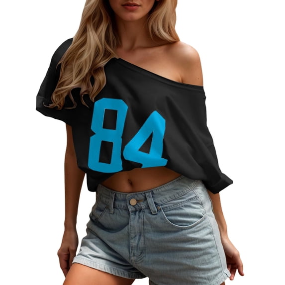 Women's Off Shoulder Tee with Number Print , Slouchy Neck Short Sleeve Top, Casual Loose Fit T Shirt