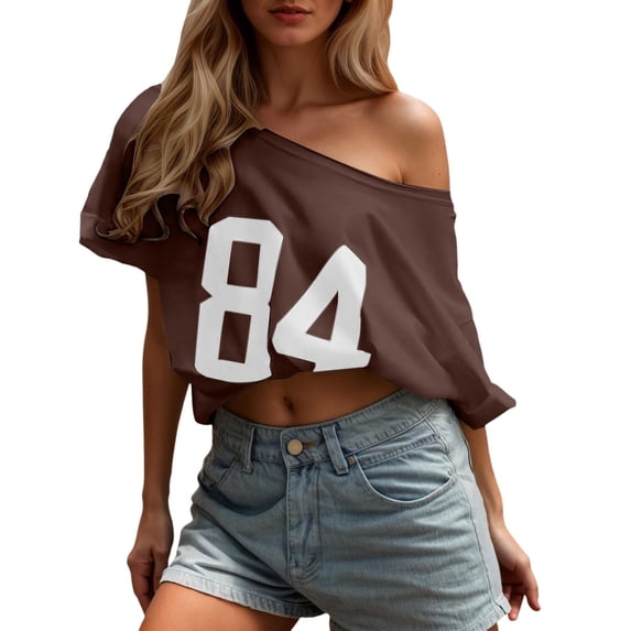 Women's Off Shoulder Tee with Number Print , Slouchy Neck Short Sleeve Top, Casual Loose Fit T Shirt