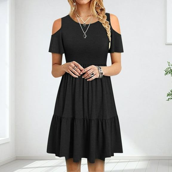 DailyTrove Women's Off-Shoulder Tiered Midi Dress, Short Sleeve, Casual Garden & Party Wear, Lightweight Rayon Blend, Ruffled Hem