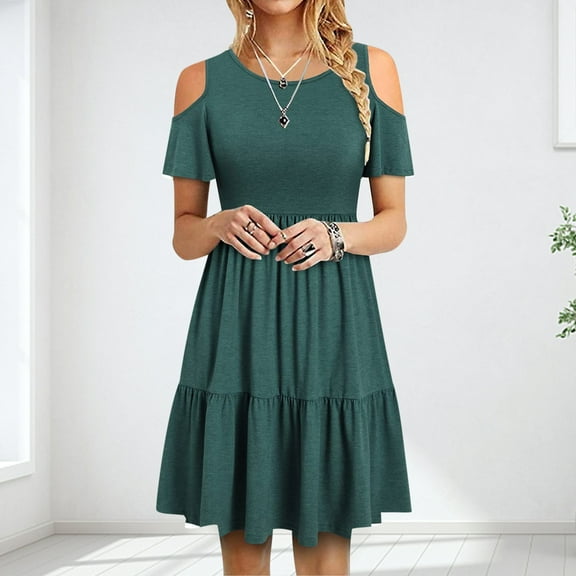 DailyTrove Women's Off-Shoulder Tiered Midi Dress, Short Sleeve, Casual Garden & Party Wear, Lightweight Rayon Blend, Ruffled Hem