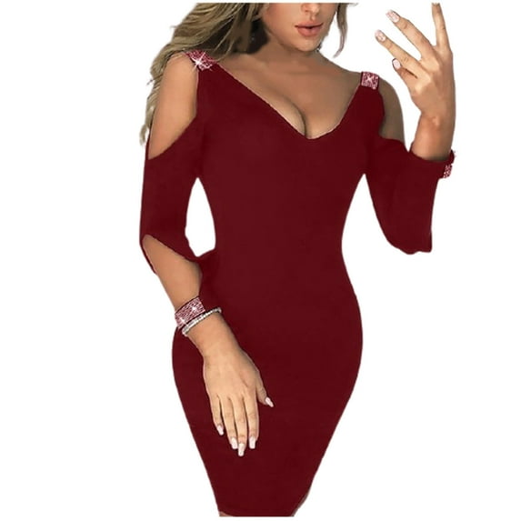 Women's Off Shoulder Tight Dresses Mini Solid Color V Neck 3/4 Sleeve Club Dress Slim Fit Short Cocktail Dresses