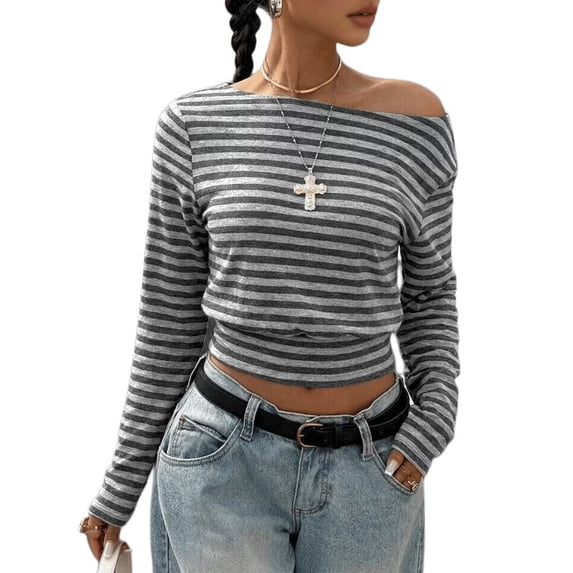Women's Off Shoulder Top Cinched Waist Long Sleeve Crop T Shirts Tops Y2k Going Out Gray L