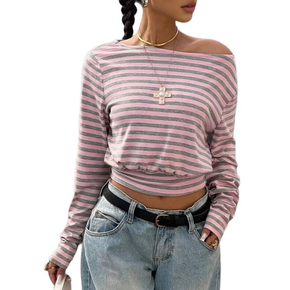 Women's Off Shoulder Top Cinched Waist Long Sleeve Crop T Shirts Tops Y2k Going Out Pink XL