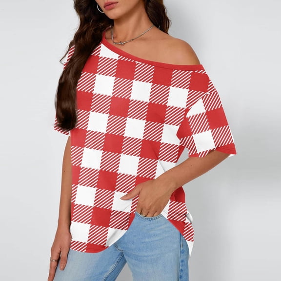 Women's Off Shoulder Top, Loose Casual Short Sleeve, Slanted Neck Design for Home and Daily Wear