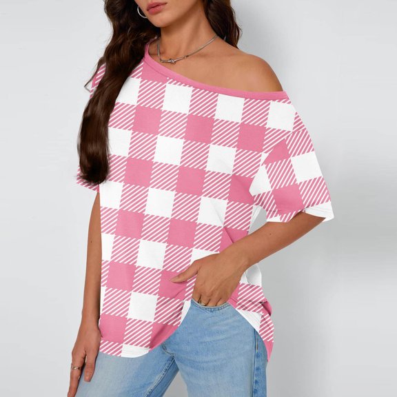 Women's Off Shoulder Top, Loose Casual Short Sleeve, Slanted Neck Design for Home and Daily Wear