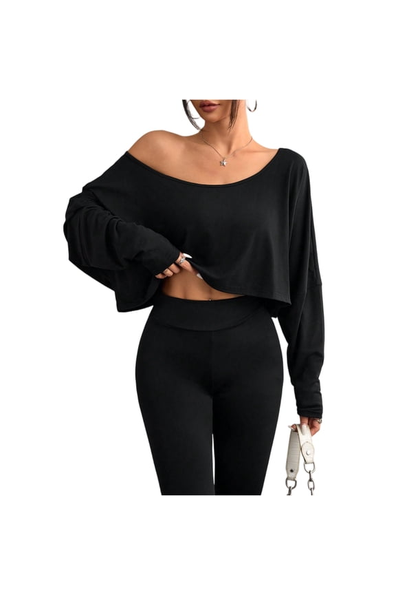 Women's Off Shoulder Tops Long Sleeve Crop Tops Sexy Loose Casual Workout Shirts Black S