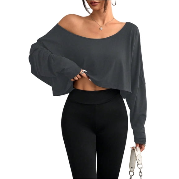 Women's Off Shoulder Tops Long Sleeve Crop Tops Sexy Loose Casual Workout Shirts Dark Gray M