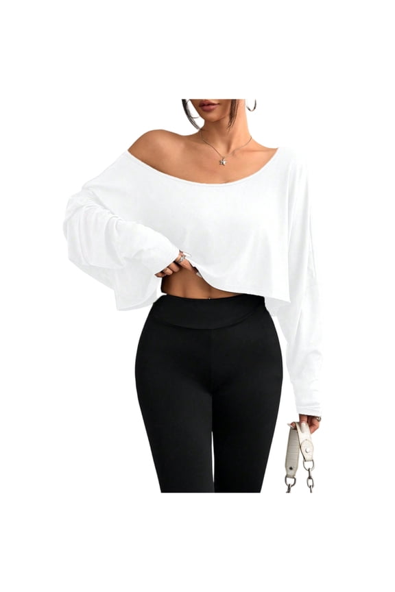 Women's Off Shoulder Tops Long Sleeve Crop Tops Sexy Loose Casual Workout Shirts White S