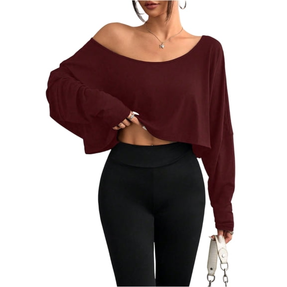 Women's Off Shoulder Tops Long Sleeve Crop Tops Sexy Loose Casual Workout Shirts Wine S