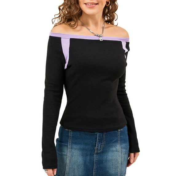 Women's Off Shoulder Tops, Vintage Long Sleeve Contrast Color Slim Fit Tee Shirts