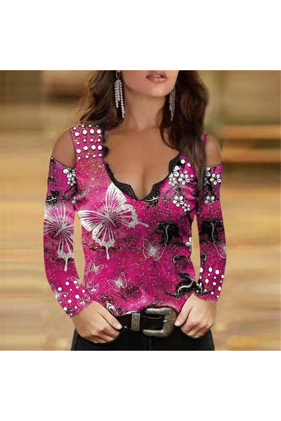 Women's Off Shoulder V-neck Sexy Long Sleeve Blouse Loose Casual Rose Butterfly Print Blouse Lace Tops