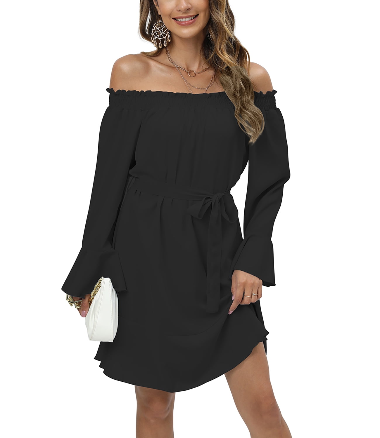 Women's Off The Shoulder Babydoll Dress Long Sleeve Casual A Line