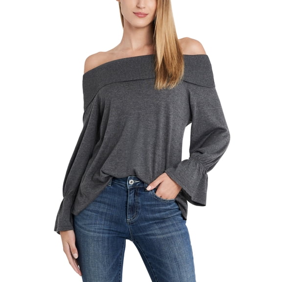 Women's Off-The-Shoulder Bell-Sleeve Sweater Medium Heather Grey M