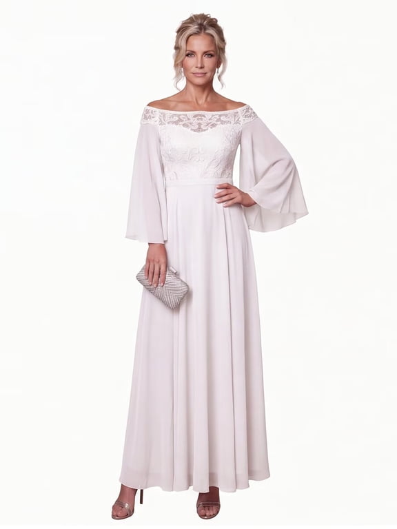 Women's Off The Shoulder Lace Chiffon Mother of the Bride Maxi Dress, Bell Long Sleeve Formal Wedding Guest Evening Gown