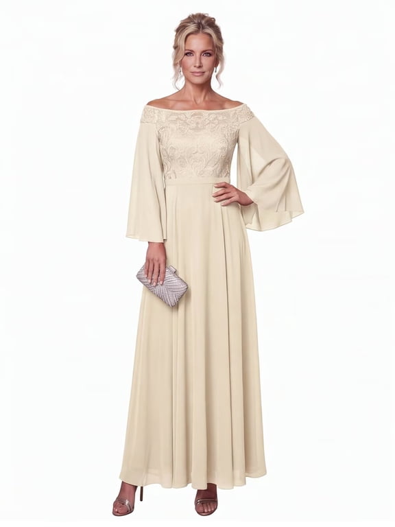 Women's Off The Shoulder Lace Chiffon Mother of the Bride Maxi Dress, Bell Long Sleeve Formal Wedding Guest Evening Gown