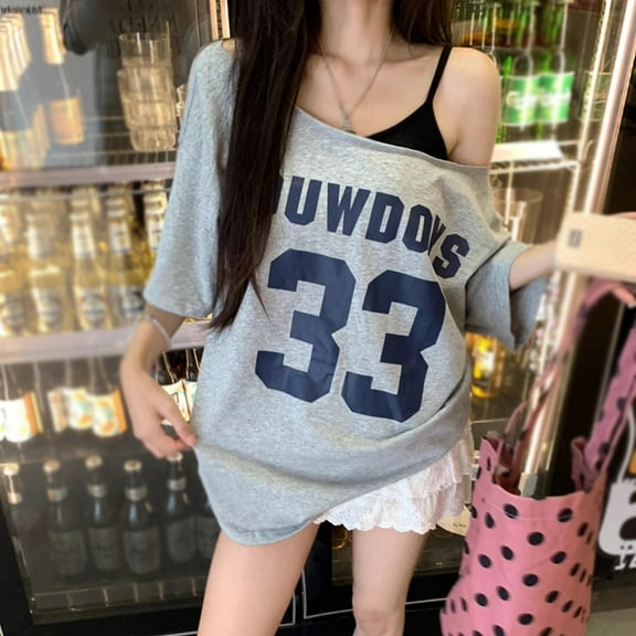 Women's Off The Shoulder Letter Graphic Tees Shirts Short Sleeve Summer Tee Tops L