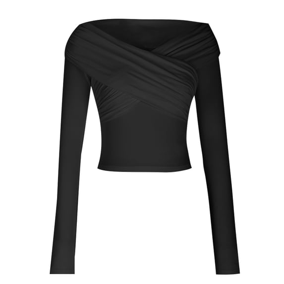Women's Off The Shoulder Long Sleeve Bodysuit Ruched Cross Wrap Bodysuit Tops Shirts Black L
