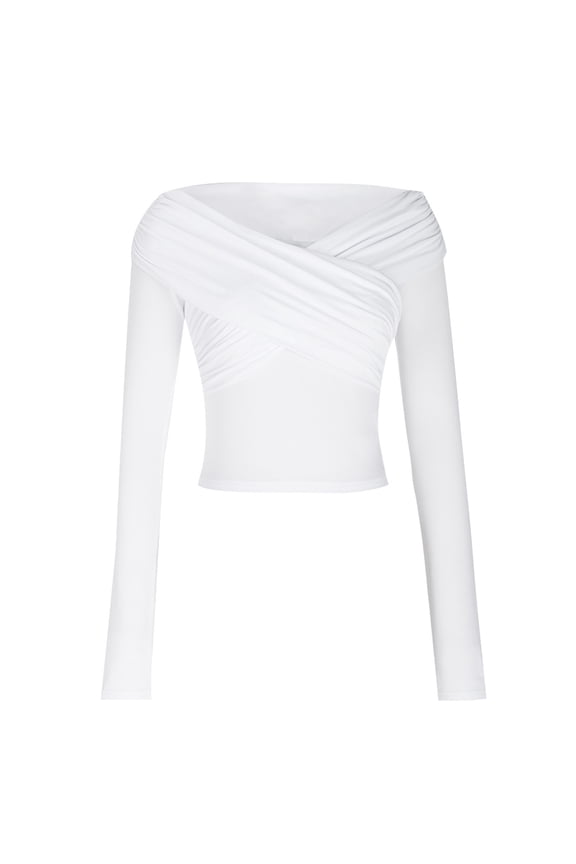 Women's Off The Shoulder Long Sleeve Bodysuit Ruched Cross Wrap Bodysuit Tops Shirts White L