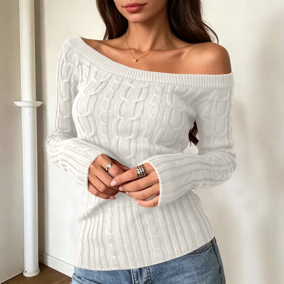 Women's Off The Shoulder Long Sleeve Cable Knit Sweater, Preppy Loose Fit Y2K Casual Pullover Tops M