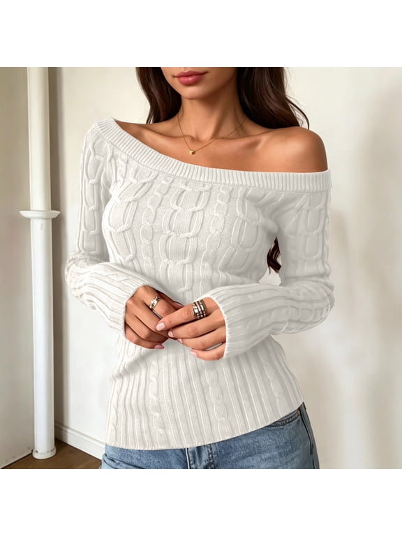 Women's Off The Shoulder Long Sleeve Cable Knit Sweater, Preppy Loose Fit Y2K Casual Pullover Tops S
