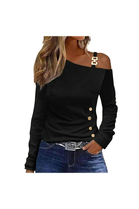 Women’s Off The Shoulder Long Sleeve Strap Tops Dressy Casual Loose One Shoulder Blouse Shirt Solid Going Out Tee