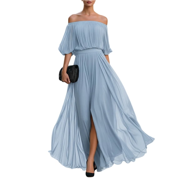Women's Off The Shoulder Maxi Dress, Sexy Pleated Chiffon Evening Gown with High Slit, Elegant Puff Sleeve Formal Party Dress